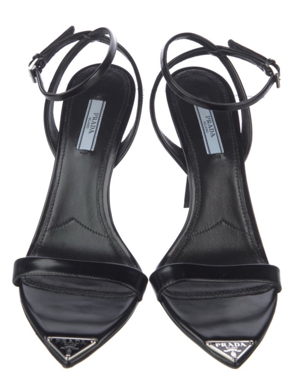 Prada Black Leather Pointed-Toe Ankle-Strap Heels. Size 39.